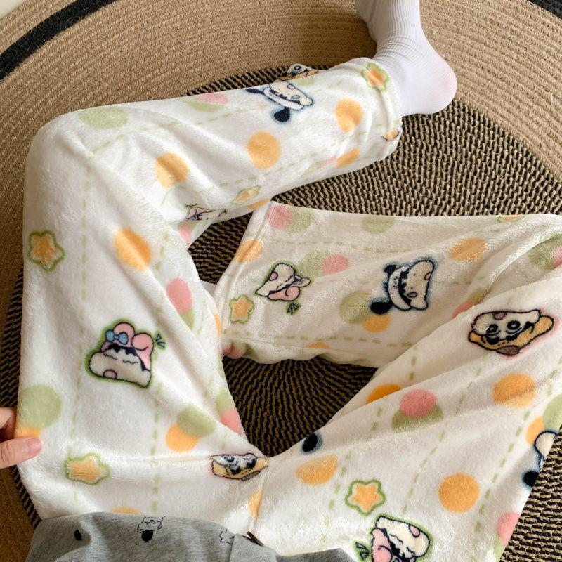 Korean Style Women's Cartoon Flannel Sleep Pants - Wearable Outdoors for Autumn and Winter 2025