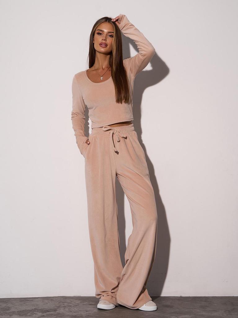 2025 Cross-Border Velvet Casual Set: Long Sleeve Top & High Waist Pants