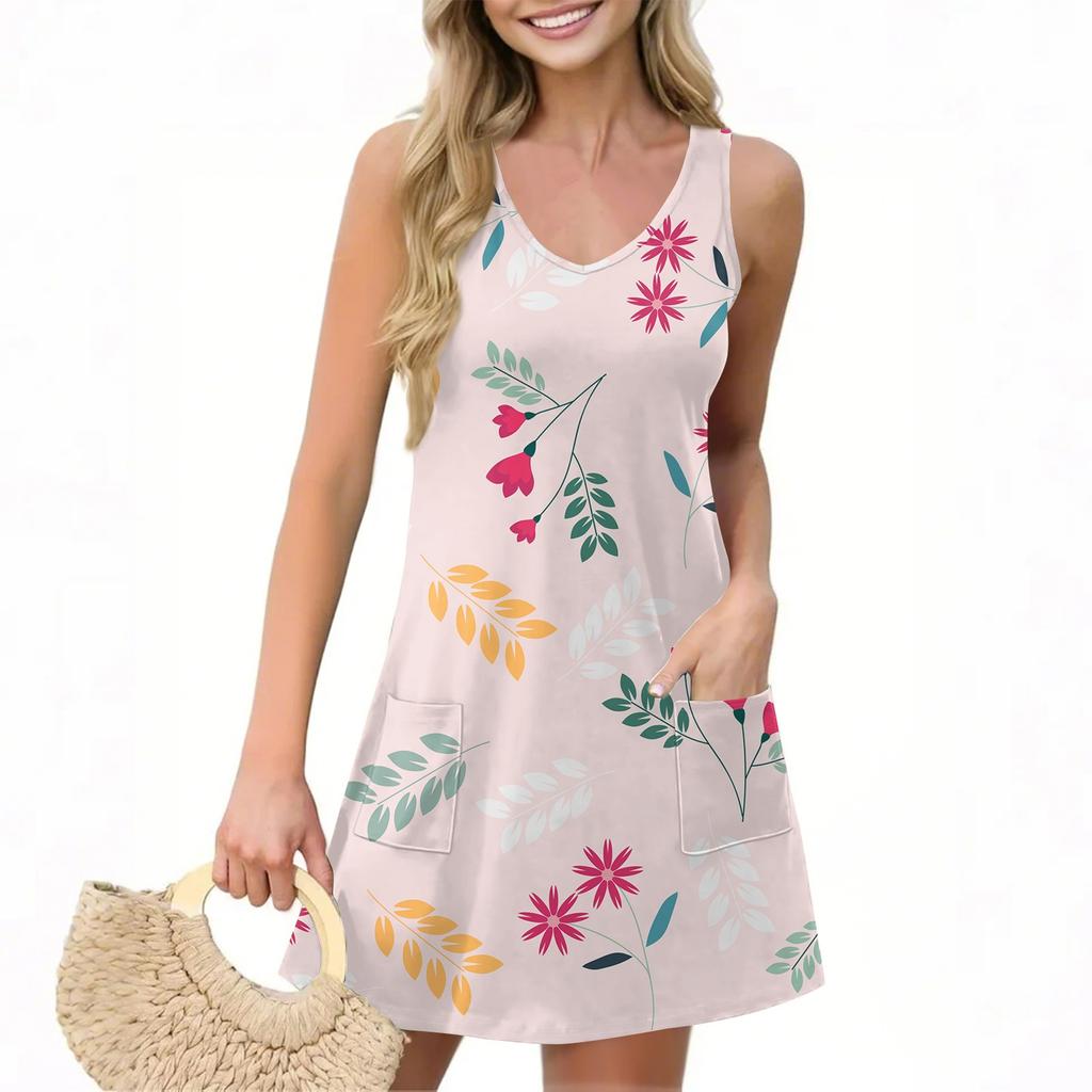 Women's Casual Summer Vest Dress With Pockets Floral Print V Neck Sleeveless Dress