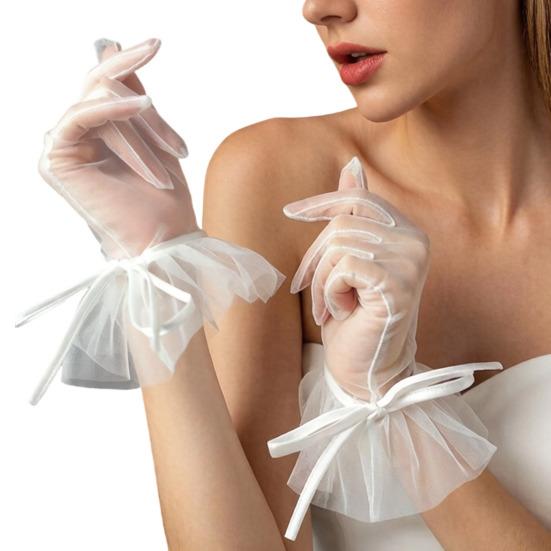 Women Lace Gloves Bridal Gloves with Bow Sheer Tea Party Wrist Gloves for Wedding Prom Cocktail Party