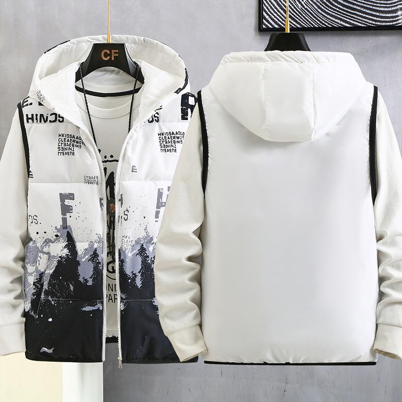 Men Reversible Thick Warm Hooded Casual Fashion Sleeveless Cotton Padded Vest