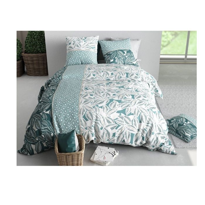Housse de couette + 2 taies - Feuillage lumineux - 260 x 240 cm - 100% coton - Entretien facile