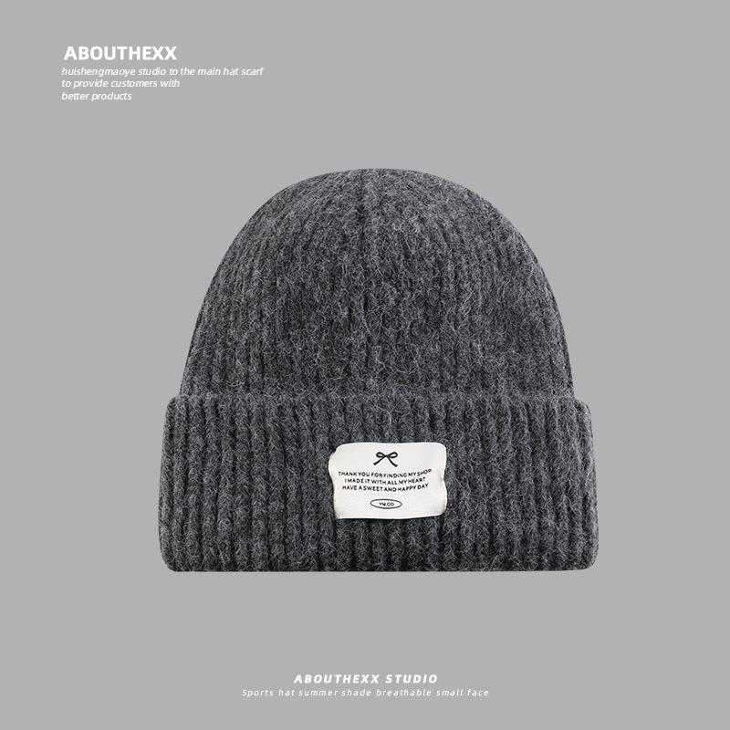 

Autumn and Winter Wool Hat for Women Showing Face Small Warm Ear Protection Knit Hat Bow Letter Cloth Label Cold Hat Pullover Hat Men M（56-58cm）