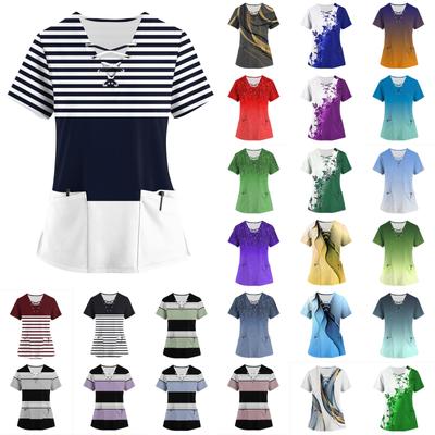 Tallas Grandes Estampado Scrub Uniforme de Trabajo Tops Para Mujer Cuello en V Cruzado Estampado Manga Corta Camisetas Divertidas Camiseta de Trabajo con Bolsillos