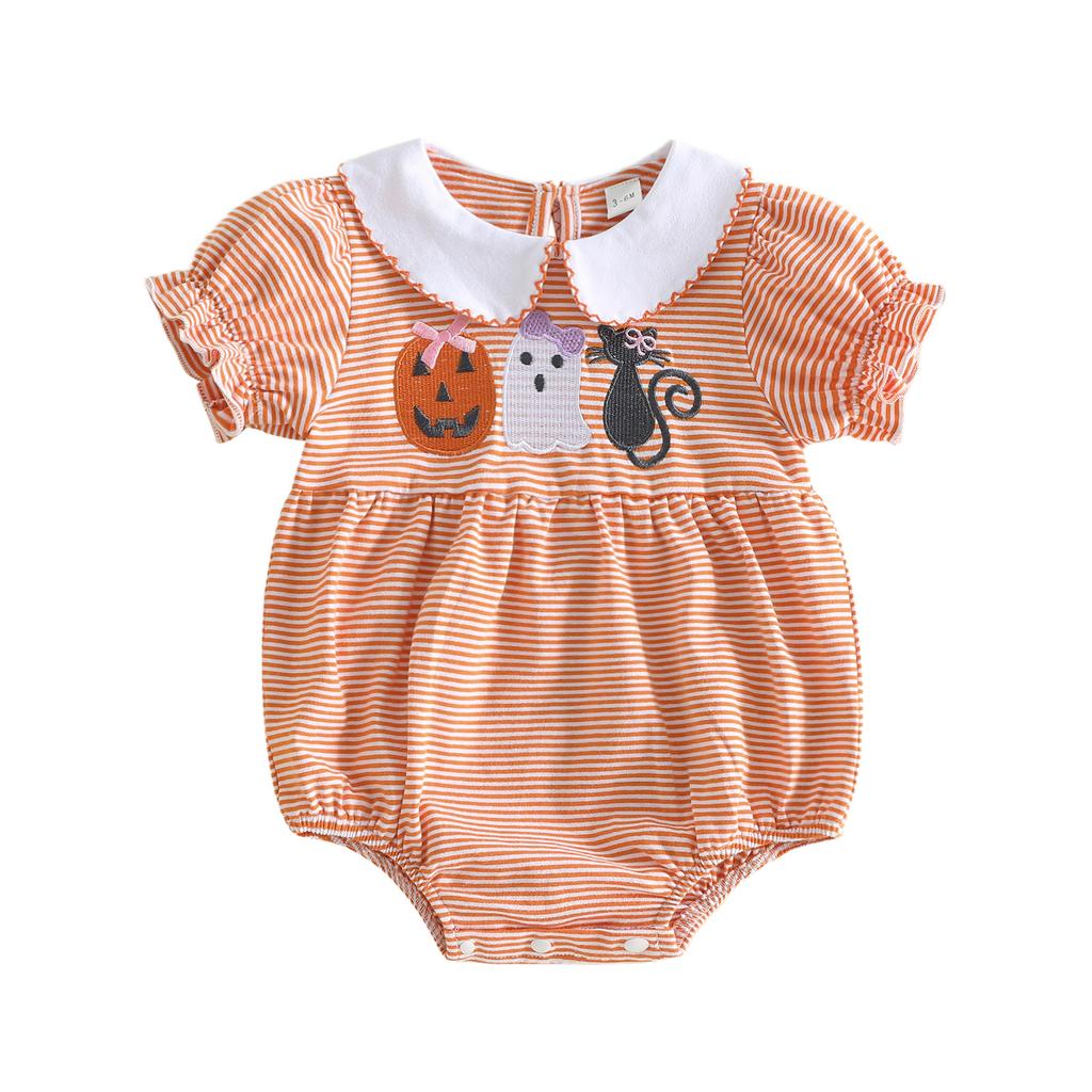 Citgeett Summer Halloween Infant Baby Girls Striped Bodysuit Embroidery Short Sleeve Jumpsuit Clothes