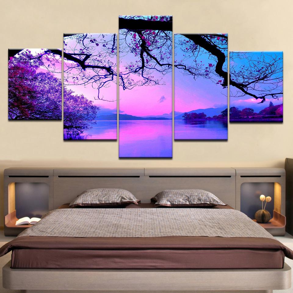 Cherry Trees Lucky Trees Mountain Lake Landscape 5 Panel HD Print Wall Posters Canvas Art Painting Room Decoration