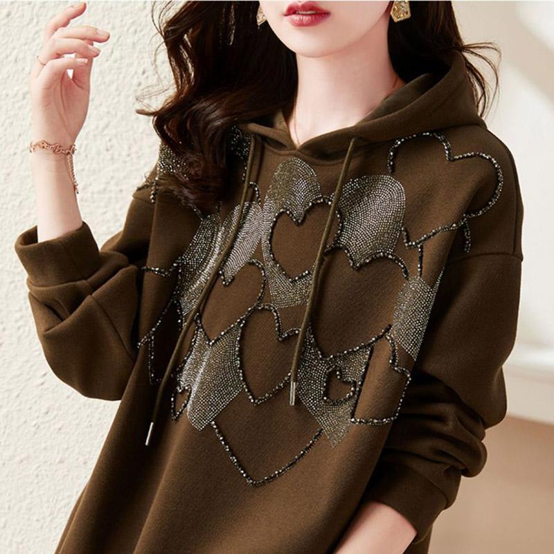 Bluza damska bawełniana oversize z kapturem z polaru pogrubiona luźna z okrągłym dekoltem casualowa wkładana top bluza z długim rękawem