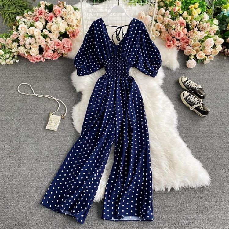 Sexy Waist Slim Jumpsuit with Dolman Sleeves Polka Dot Print Wide Leg Trousers Neck Design