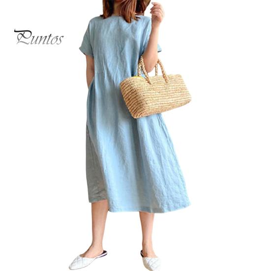 Summer Women Dress O Neck Short Sleeves A-line Solid Color Big Hem Loose Pullover Casual Daily Wear Midi Dress Dating Commuting Long Dress