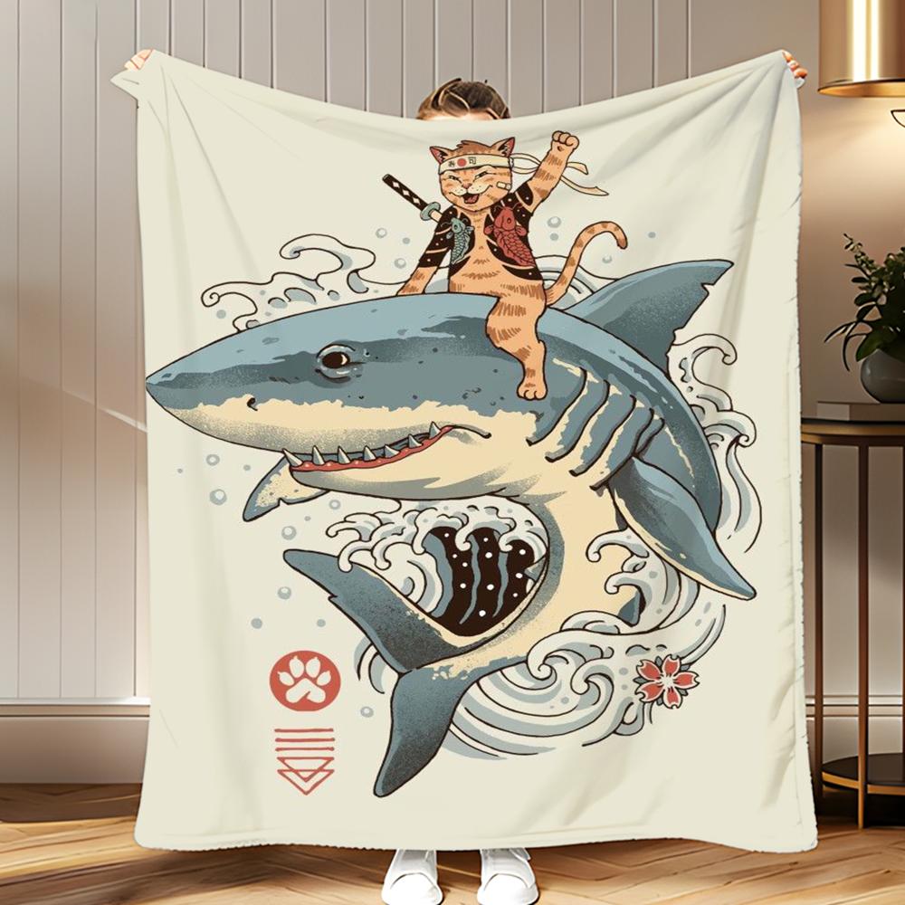 art theme Japanese Style Cat Throw Soft Coral Fleece Blanket 310gsm Fluffy Warm Throw for Sofa Bed Couch Bedroom Decor