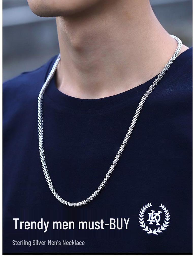 Men's Trendy Thick 925 Sterling Silver Clavicle Chain Necklace - White Gold Plated, No Pendant