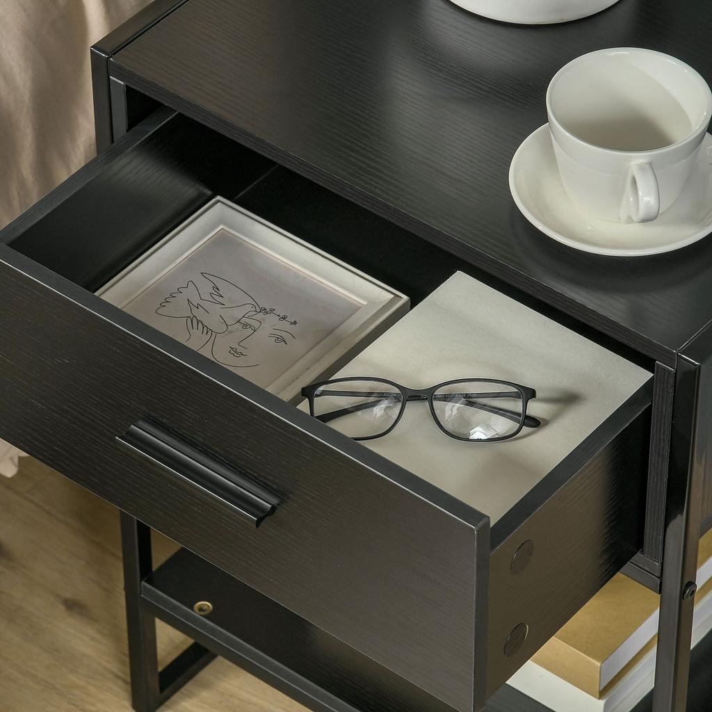 Nightstand Side Table With 1 Drawer And Storage Shelf For Bedroom Living Room Office 45x40x60 Cm Black