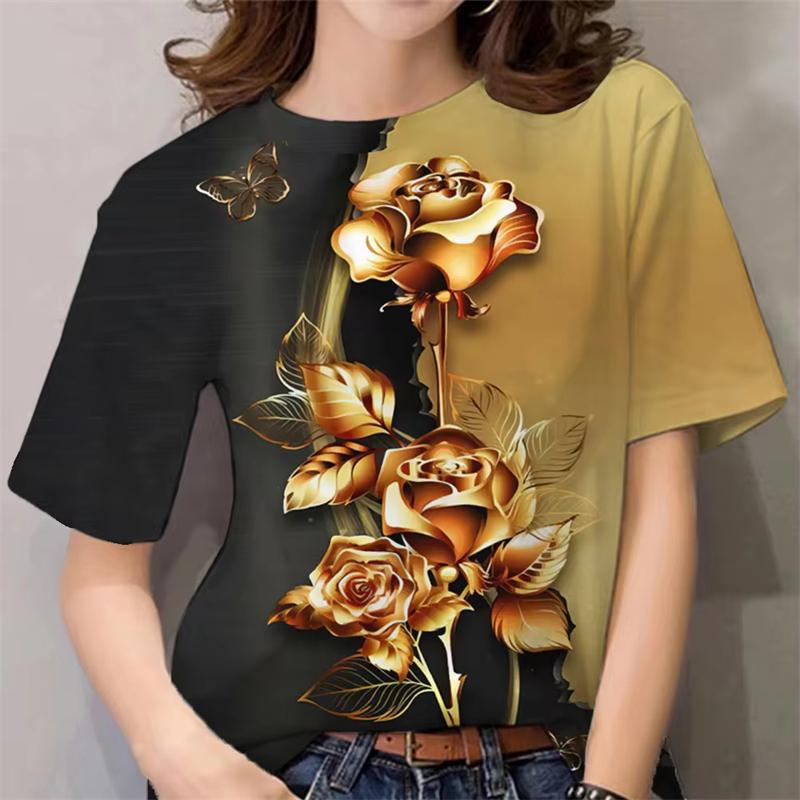 Luxury Design Women's T Shirt Ladies 3d Floral Print Harajuku Y2k Clothes Female Daily Casual Fashion Short Sleeve Tee Tops