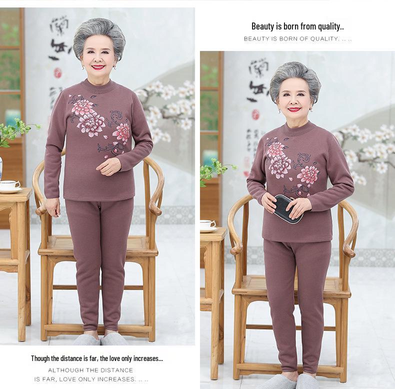 Women's Plus Size Fleece-Lined Warm Underwear Set for Middle-Aged and Elderly