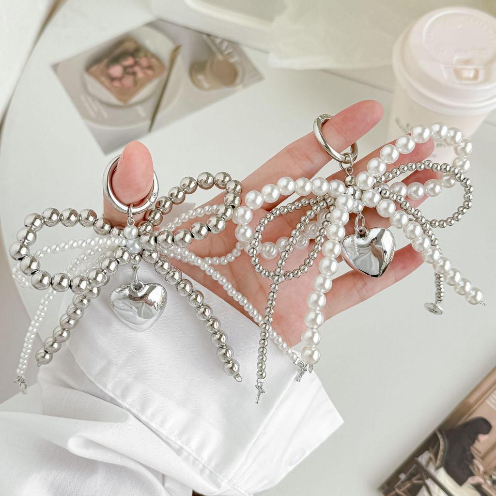 Korean Sweet Pearl Bow Heart Pendant Keychain & Charm Accessory