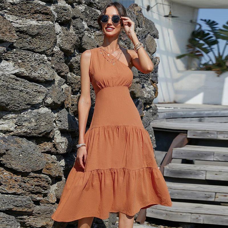 2022 Long Skirt Suspender Type Slanted Shoulder Orange Dress