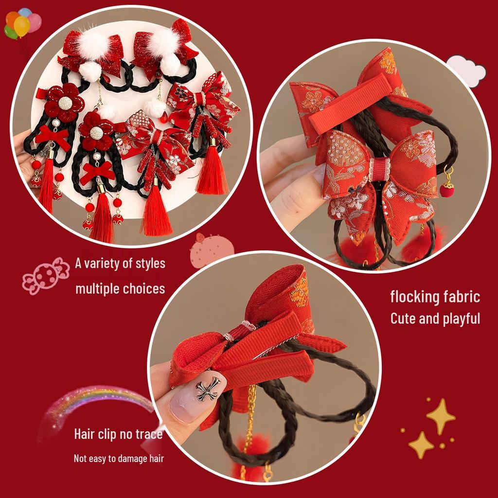 Fermacapelli Rosso a Fiocco Stile Antico - Accessorio Festivo per Hanfu da Bambina, Perfetto per le Celebrazioni di Capodanno