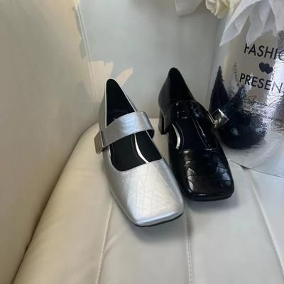NEU Frühling/Herbst Damen Pumps Eckige Zehenpartie Klobiger Absatz Schuhe Satinschuhe für Damen Elegant Niedriger Absatz Schnalle Schwarz Mary Jane Schuhe
