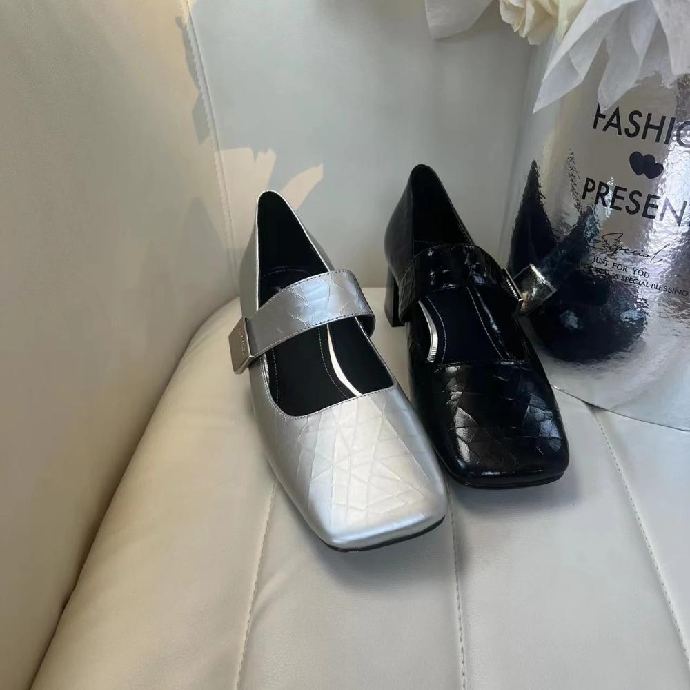 Fashion NEW Spring/Autumn Women Pumps Square Toe Chunky Heel Shoes Satin Shoes for Women Elegant Low Heel Buckle Black Mary Jane Shoes