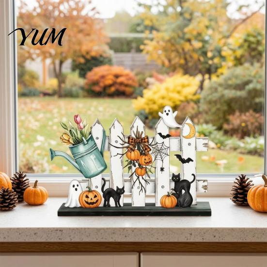 Decorative Tabletop Figurines 6Pcs Halloween Decors, Hello Table Topper Signs, Spooky Pumpkin Ghost Truck Entrance Hall Ornaments Tiered Tray