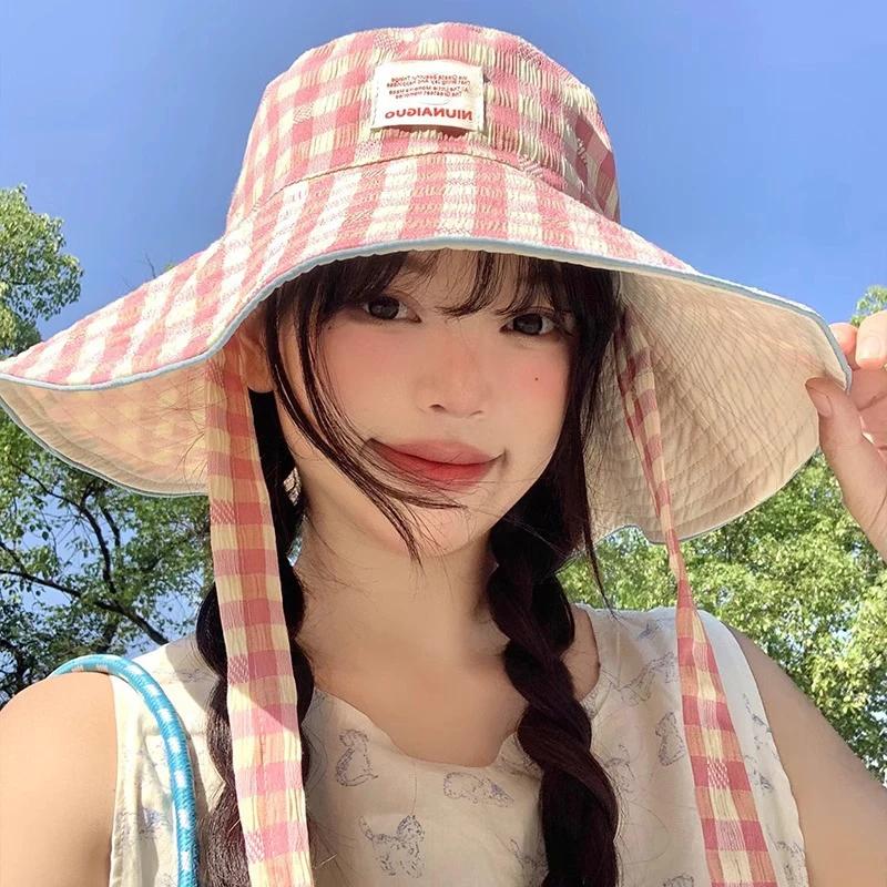 Double-sided Plaid Wide-edged Lace-up Bucket Hat Summer Outdoor Versatile Sunscreen Sweet Contrasting Color Plaid Women's Caps