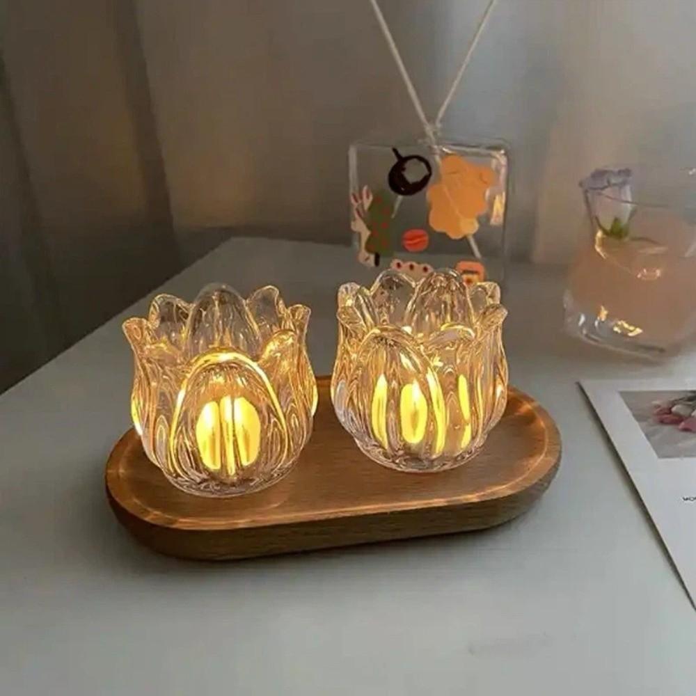 2PCS Creative Vintage Tulip Shaped Candle Holder Mini Romantic Candle Cup Ornament Clear Candlestick Holder Restaurant