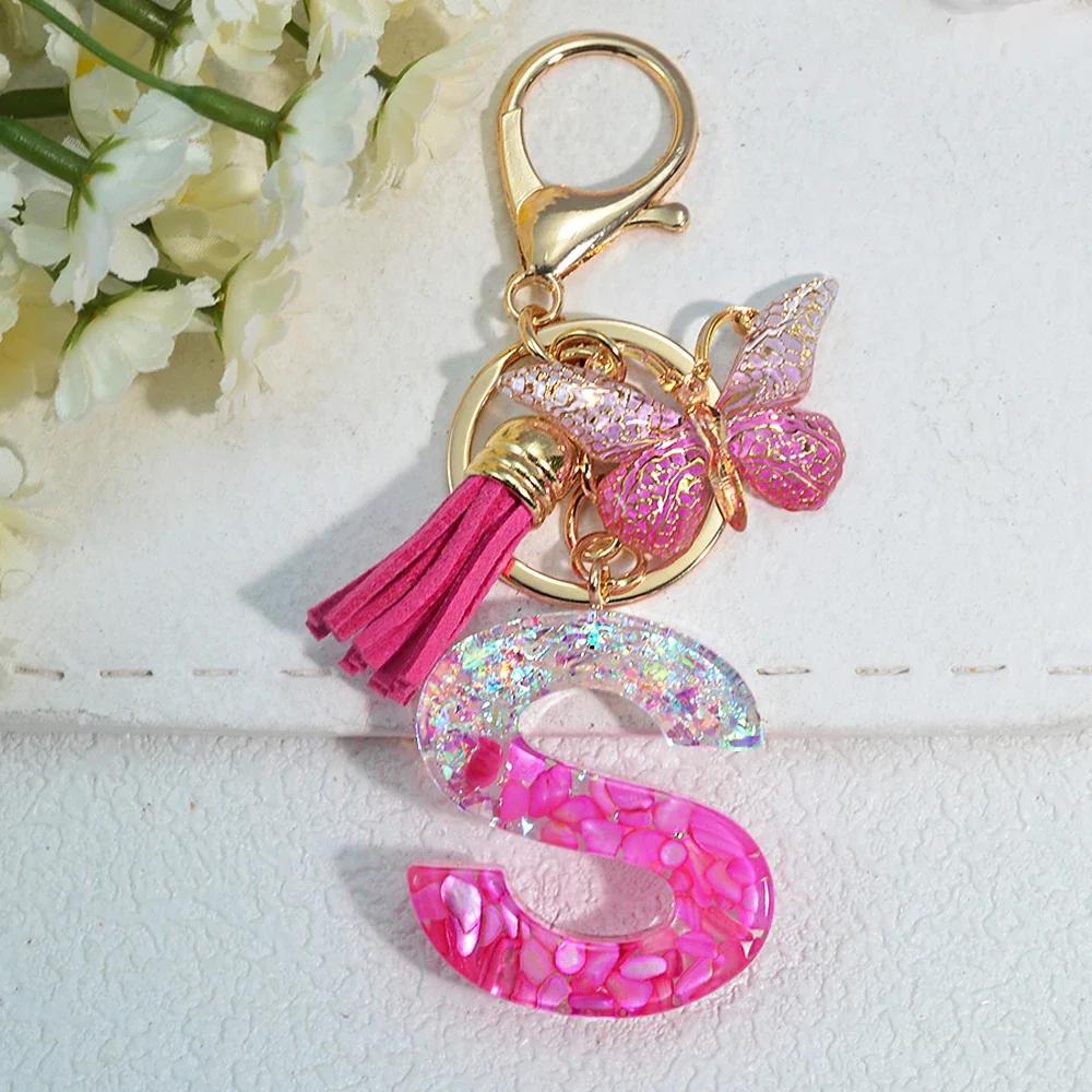 Gradient Pink Jewelry Letter Keyring Resin Letter Keychain with Fringe Butterfly DIY Bag Decoration Pendant Party Gift