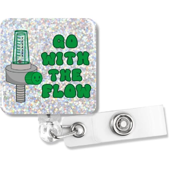 Go with The Flow Funny Glitter Badge Reel, Retractable Badge Holder with Alligator Clip for ER Nurse Doctor RT Med Surg Healthcare Worker