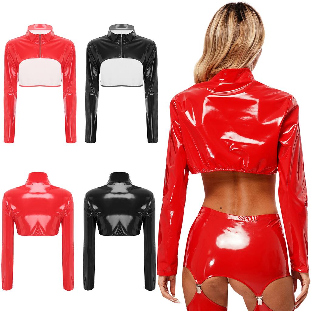 Dámsky lesklý latexový crop top s dlhým rukávom, zipsom vpredu, slim strih, odhaľujúci prsia, spodná bielizeň na párty