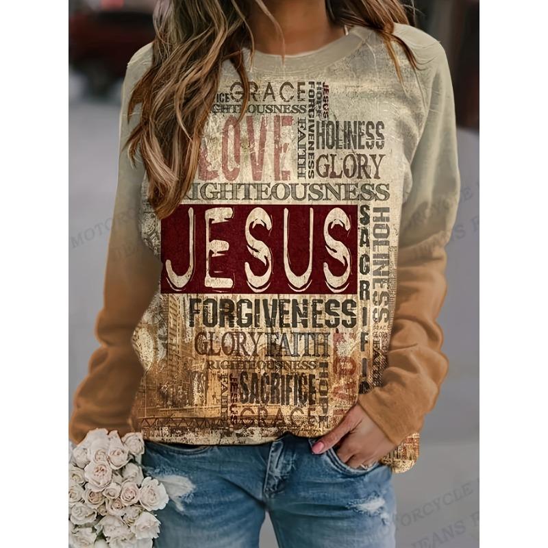 

Letter printed round neck T-shirt, casual long-sleeved T-shirt, suitable for spring and autumn, women s clothing S