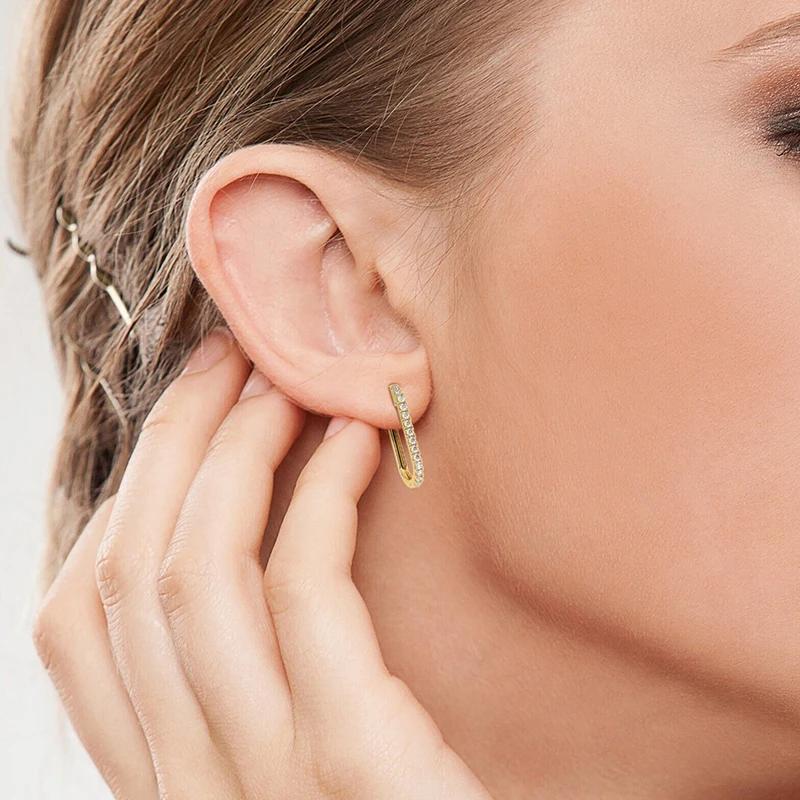 Huitan Simple Stylish Oval Shaped Hoop Earrings with Shiny CZ Stone Fashion Versatile Earrings for Women Gold Color Ear Jewelry