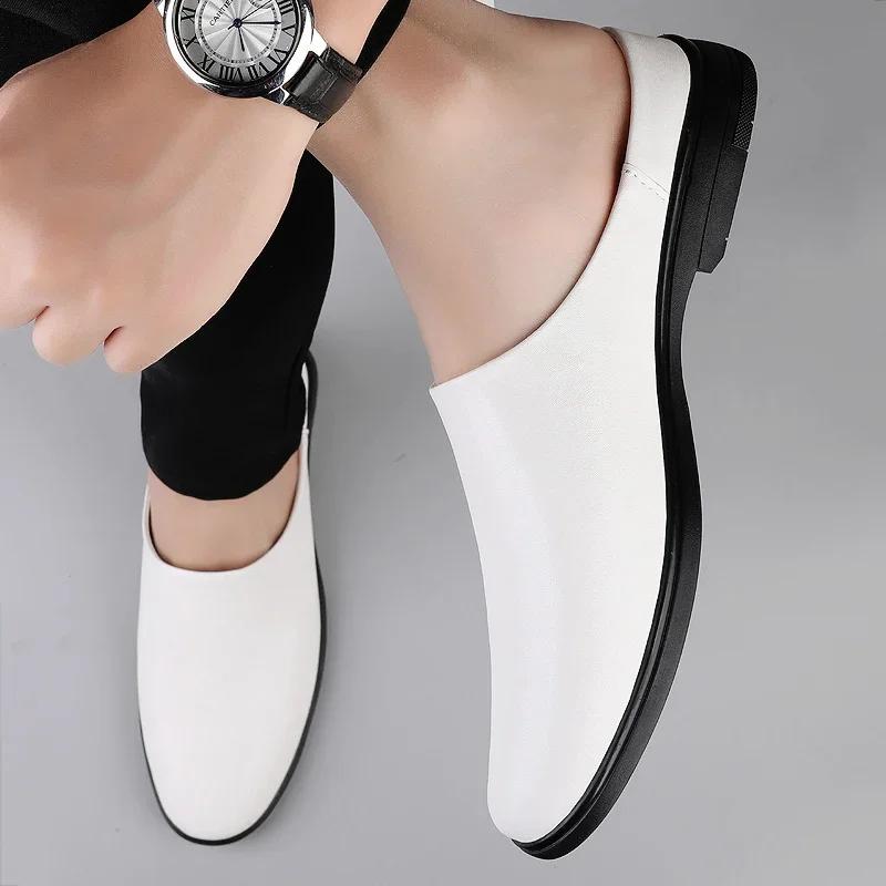 Summer Handmade Men Shoes Genuine Leather Slippers Casual Square Toe Slip-On Slides Mens Mules Shoes Trendy Quality Half Drag