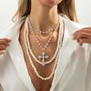 Multilayer Imitation Pearl Choker Necklace for Men Women Goth Jesus Cross Pendant Party Jewelry Accessory