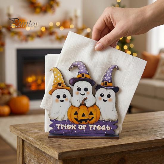 Fall Table Decor Halloween Wooden Napkin Holder, Ghost Pumpkin Decorative Tabletop Tissue Dispenser, Square Storage Box Paper Organizer for