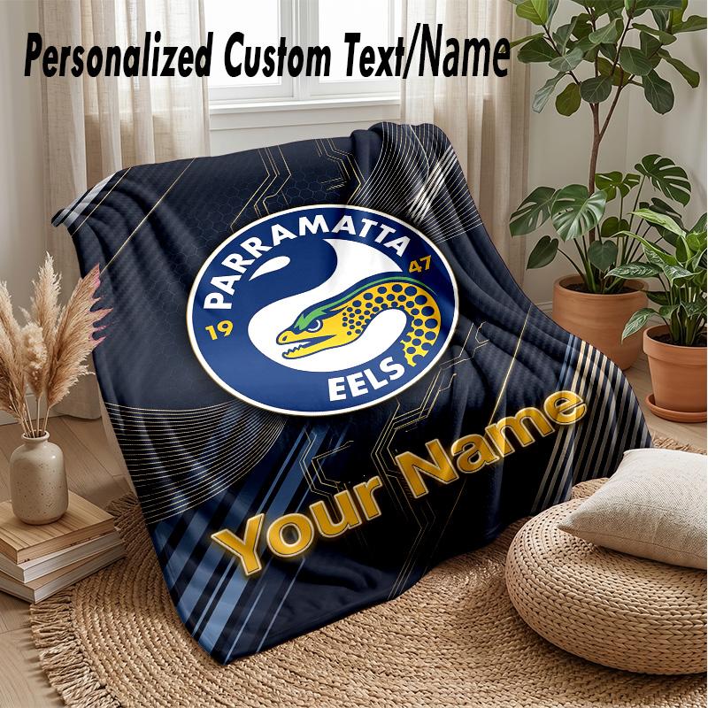 Parramatta Eels Custom Flannel Throw Blanket Print Your Name Text Soft Warm Blanket Holiday Present