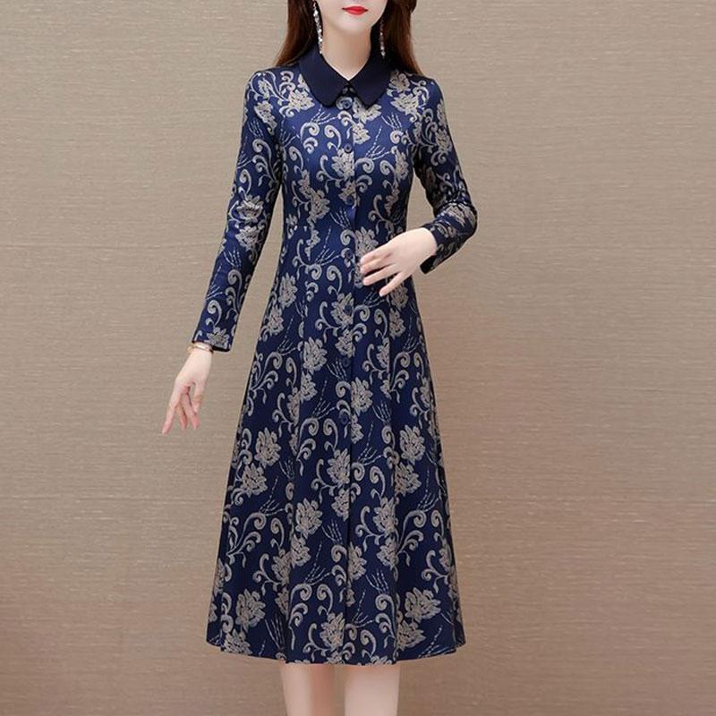 Vintage Floral Printed Midi Dress Women's Casual Lapel Spliced Spring Autumn Long Sleeve Elegant A-Line Waist