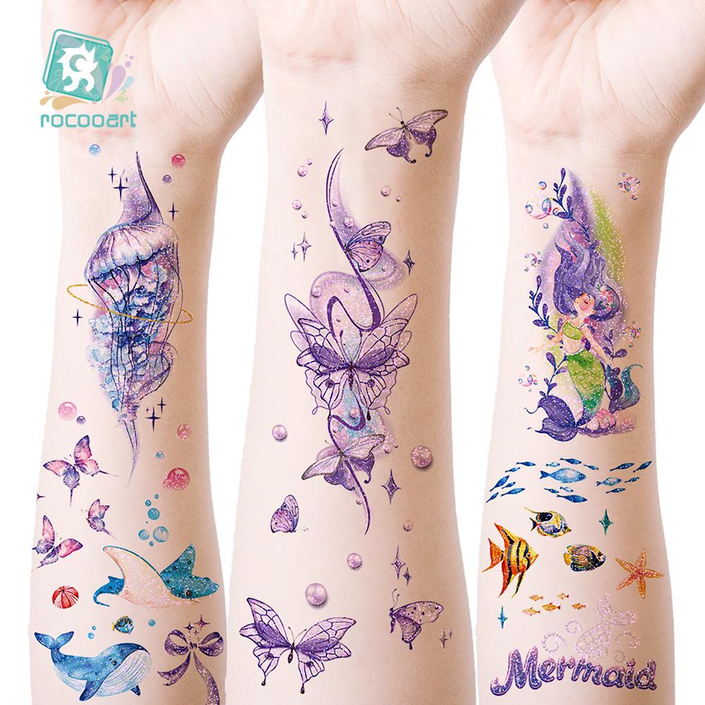 Adesivi Tatuaggio Farfalla Cartone Animato Glitter Impermeabili Principessa dell'Oceano - Trucco Temporaneo Viso a Lunga Durata