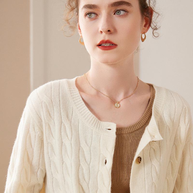 Women's 100% Pure Cashmere Round Neck Cable Knit Cardigan Sweater