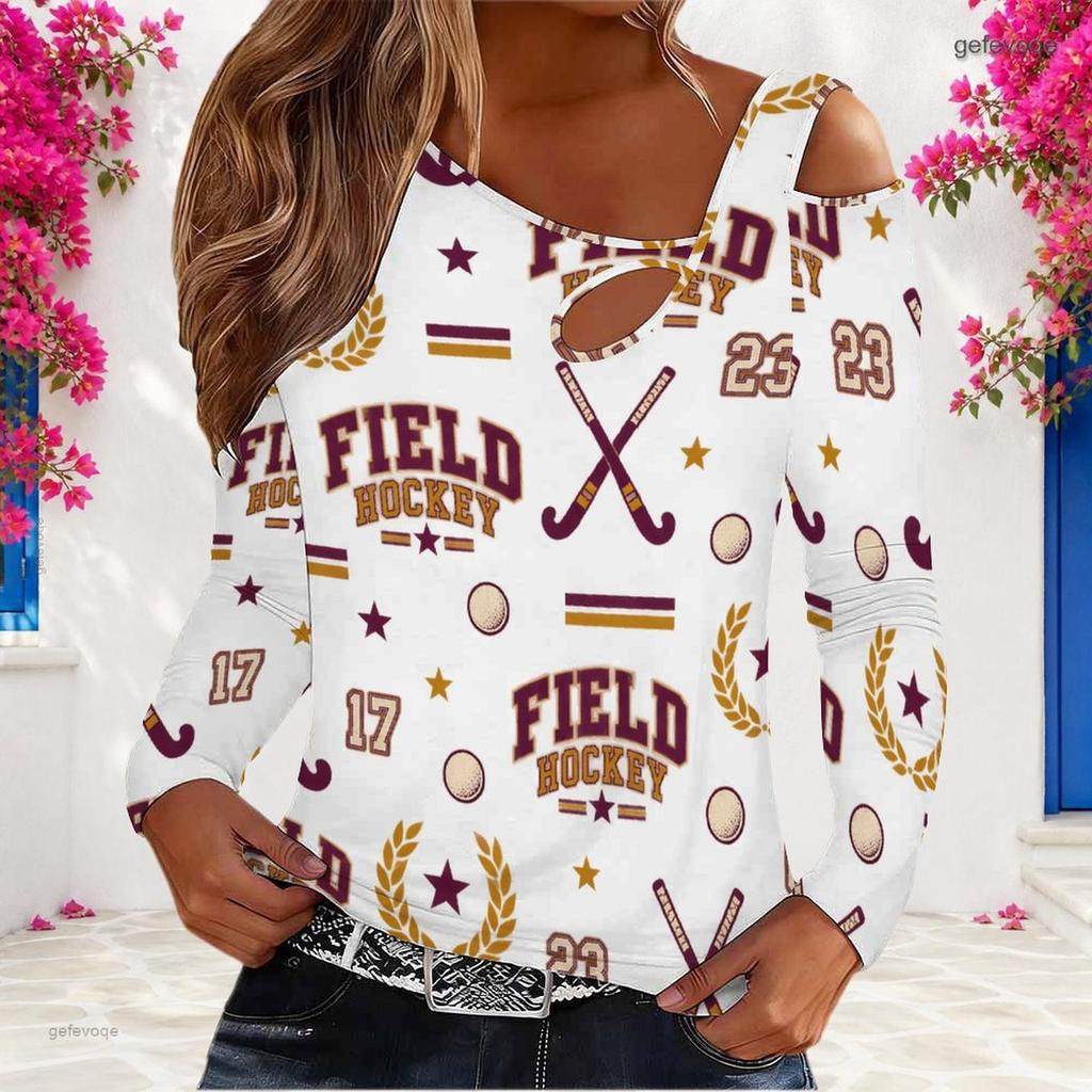 Women Plus Size Asymmetric Cutout Neck Cold Shoulder Long Sleeve Bicycle Printed White Fitted Top