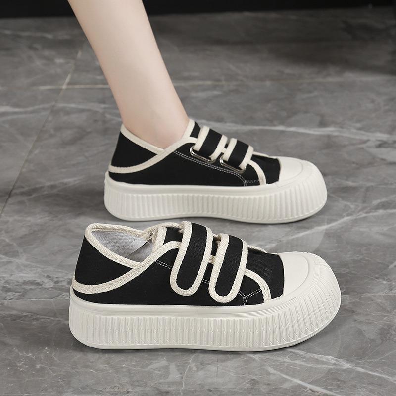 Summer thin breathable Velcro canvas shoes women's niche versatile step heel two wear platform biscuits white shoes