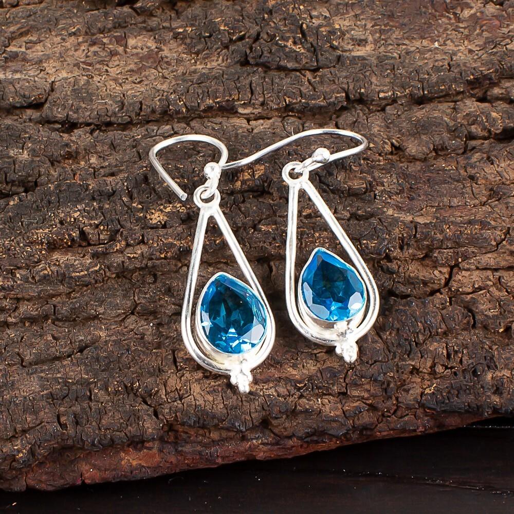 

Swiss Blue Topaz Gemstone 925 Sterling Silver Jewelry Handmade Earrings For Her EE-14-1