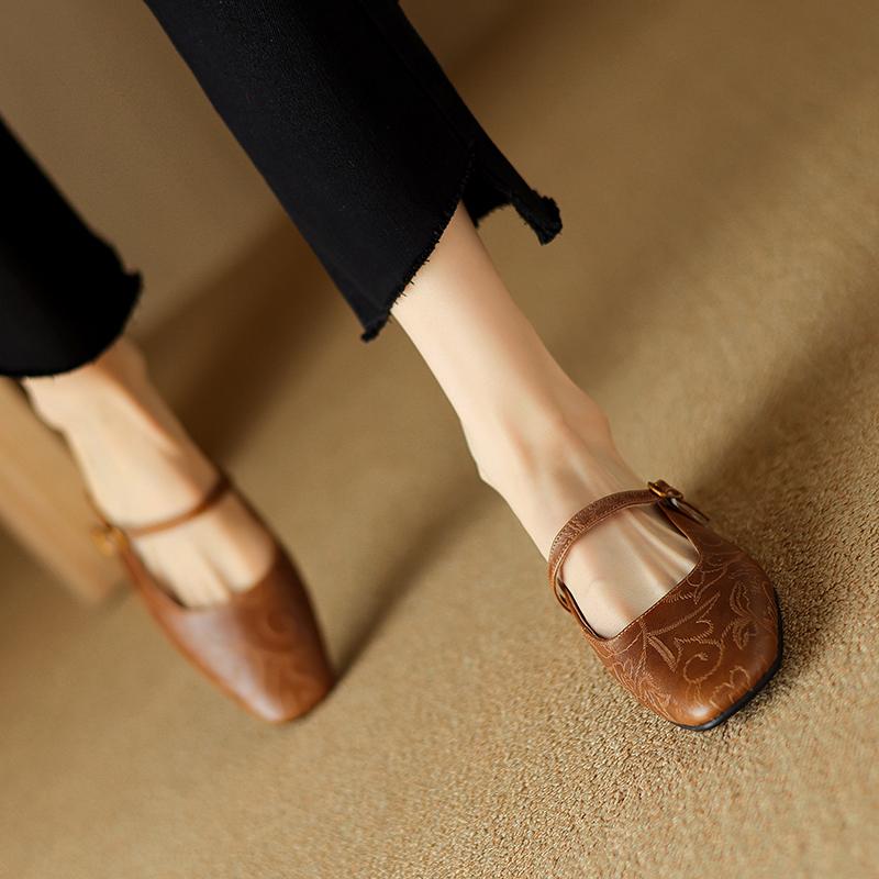 Fashion 2025 Summer Women Mules Genuine Leather Women Shoes square Toe Chunky Heel Shoes Cover Toe Slingback Sandals Shallow Slippers