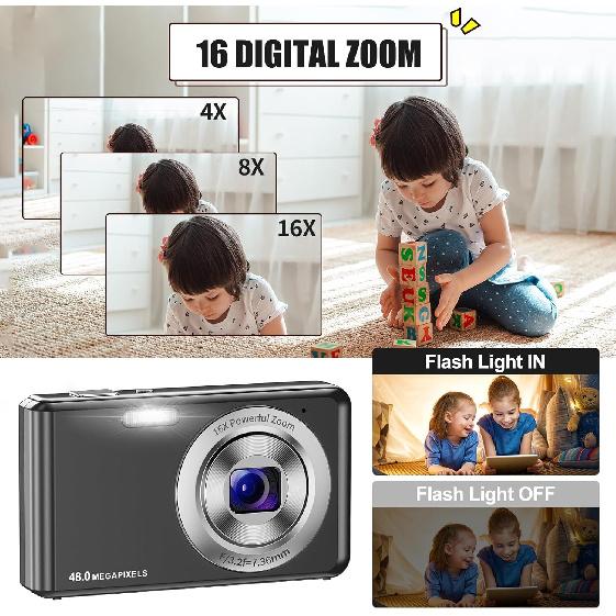 Digital Camera, HD 1080P Compact Camera with 32GB Memory Card, 48 Megapixel Camera, 2.4-inch LCD 16x Digital Zoom Digital Camera for Kids, Girls,