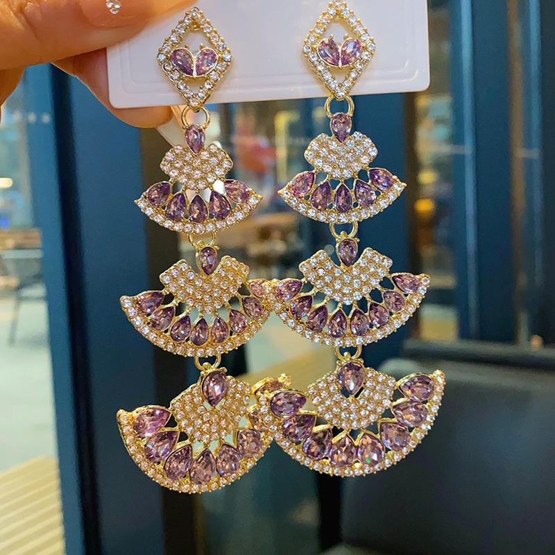 Silver needle diamond fan fringed earrings retro exaggerated temperament earrings niche light luxury high-end earrings women
