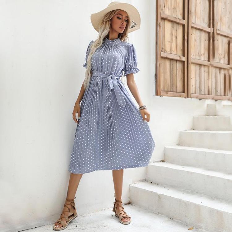 Women's Casual Crew Neck Polka Dot Printed Pleated Dress Short Long Sleeve Tie Spring Summer Mediumn