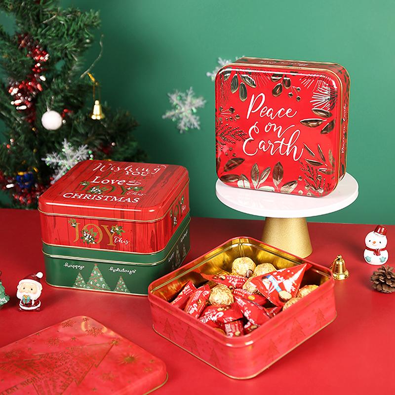 Cute Cartoon Christmas Candy Storage Box Tinplate Square Gift Box Xmas Candy Cookie Box Home Storage Large Capacity Metal Can