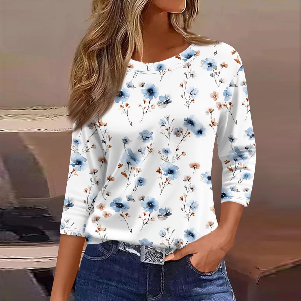 Women's Three-Quarter Sleeve Shirt, Round Neck, Loose Fit, Casual Shirt, Floral Print T-Shirt, Summer