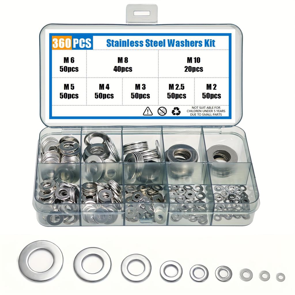 Stainless Steel 80-580pcs Assortment Set - Flat Washers Kit with Custom Storage Box - Multiple Sizes (M2-M10) for Screws Bolts,