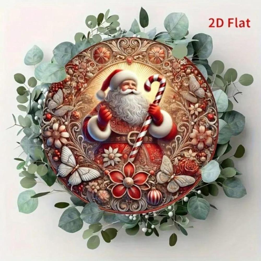 Christmas Santa Candy Cane 2D Metal Wall Art Round Tin Sign Decor