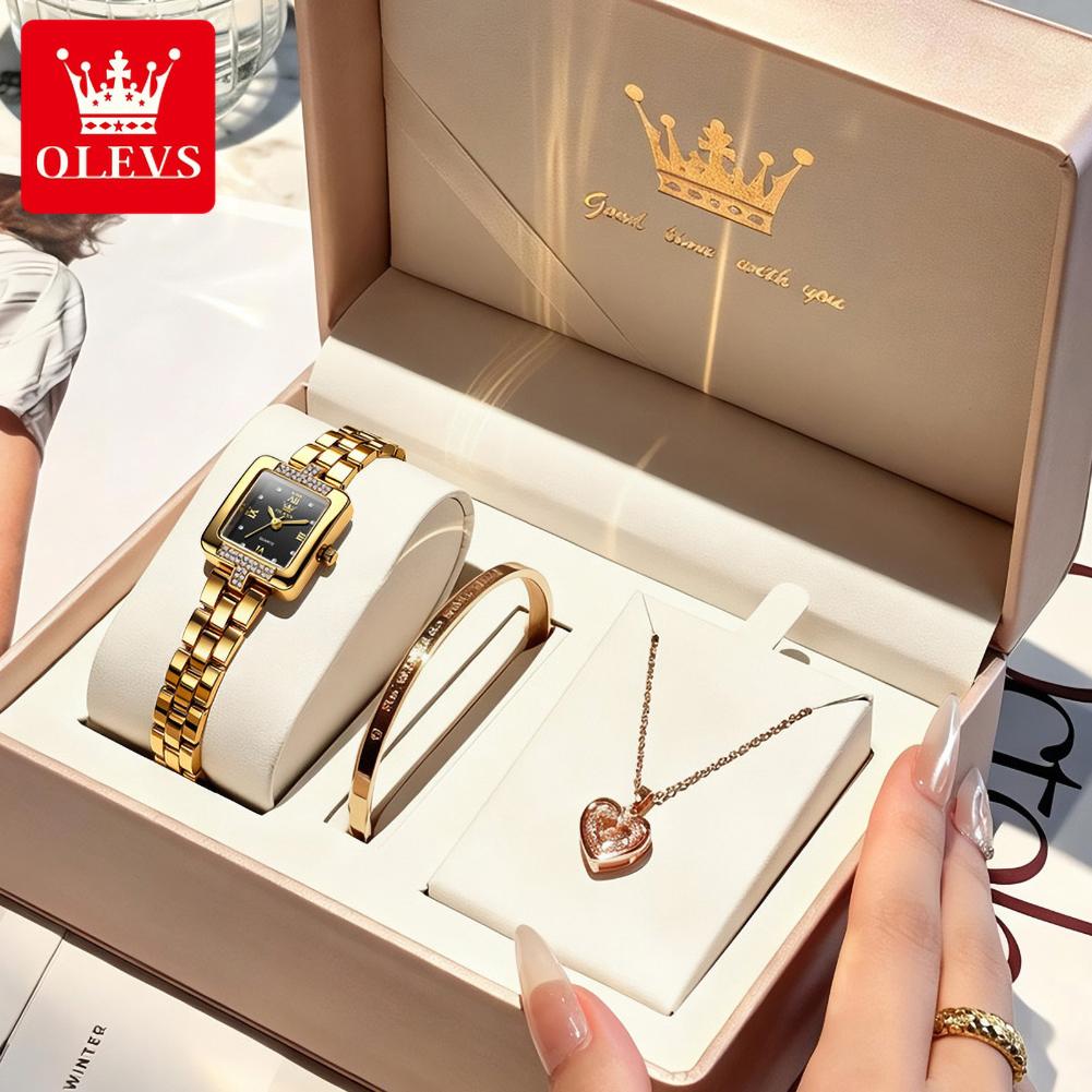 OLEVS Luxury Watch for Women Fashion Square Dial All Gold Steel Strap Original Quartz Women's Watch Waterproof Ladies Watch Set